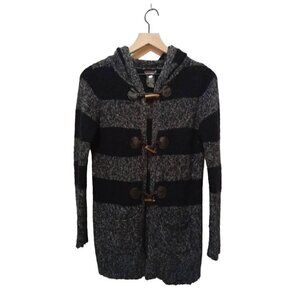 Devoted Long Black & Gray Marle Striped Toggle Closure Hooded Cardigan Sz XS